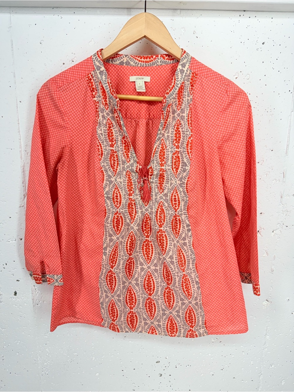 J. Crew Women’s Size 2 Coral Orange cotton mixed print 3/4 sleeves Blouse
